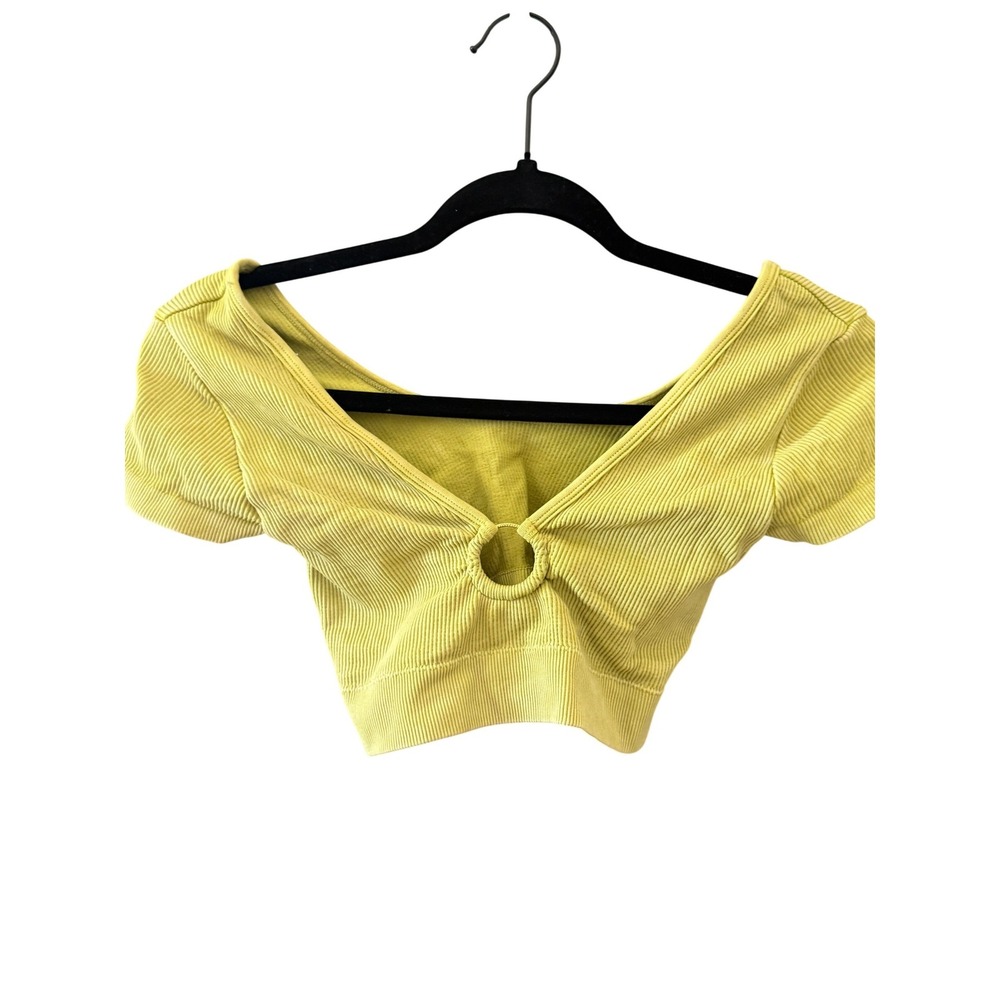 Aerie Ribbed Seamless O-Ring Crop Top Lime Green Short Sleeve‎ V-Neck Small S/P